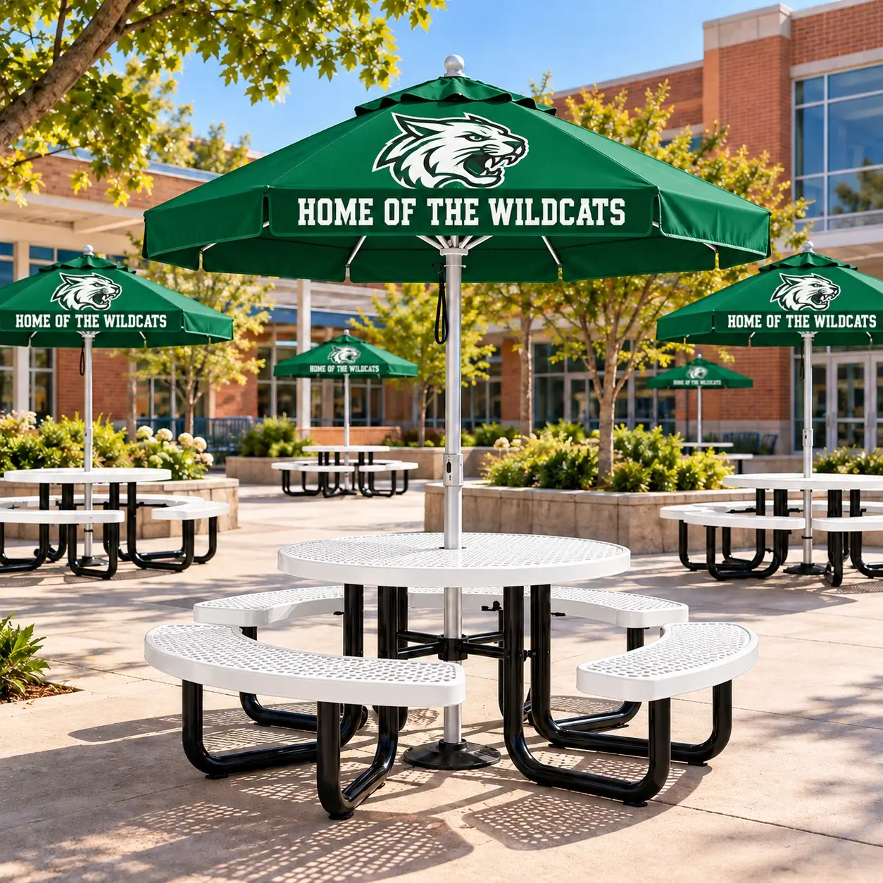 Green custom school umbrellas with Wildcat mascot logos and “Home of the Wildcats” above white picnic tables in a school courtyard